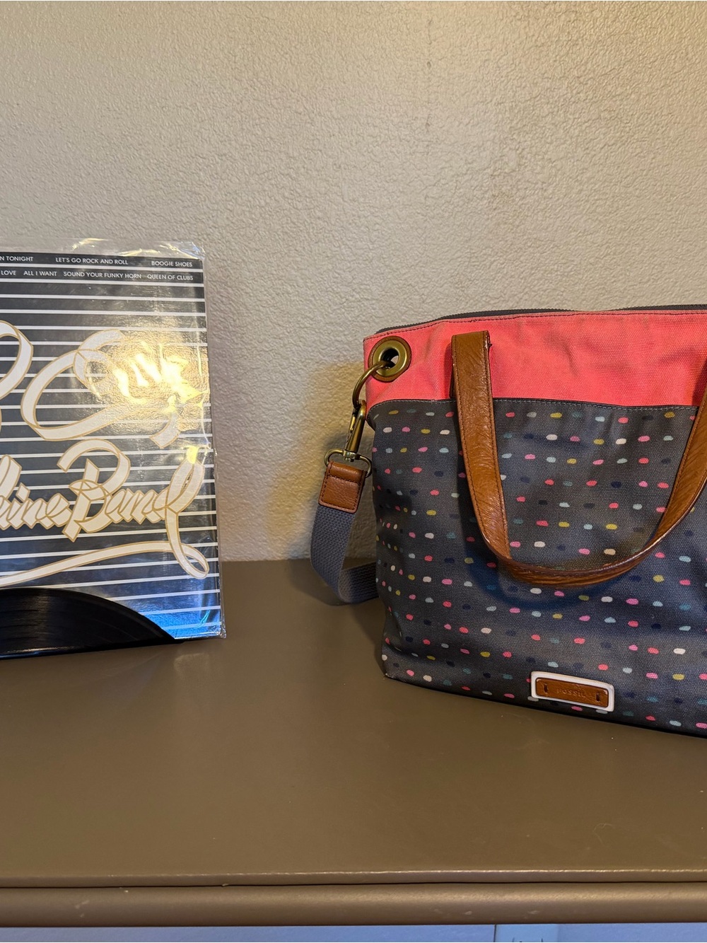 Fossil Polka Dot Canvas Tote with Pink Trim